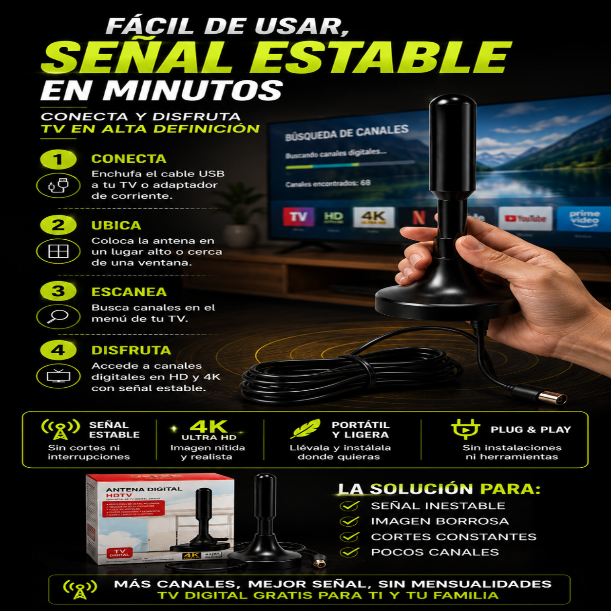 Antena Digital Full HD 4K | Más Canales, Mejor Señal y Sin Mensualidades