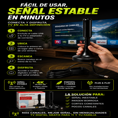 Antena Digital Full HD 4K | Más Canales, Mejor Señal y Sin Mensualidades