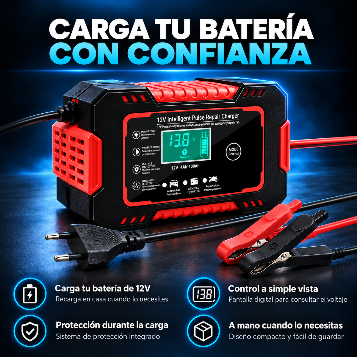 VoltCar™ | Cargador de Batería 12V para Auto — Recupera la Energía de tu Batería ⚡